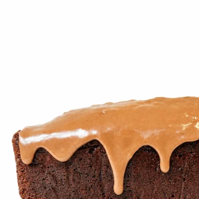 Bizcocho de chocolate con cobertura de avellana y cacao.
