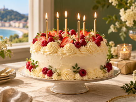 Ilustración de una tarta de cumpleaños con frutos rojos y velas encendidas