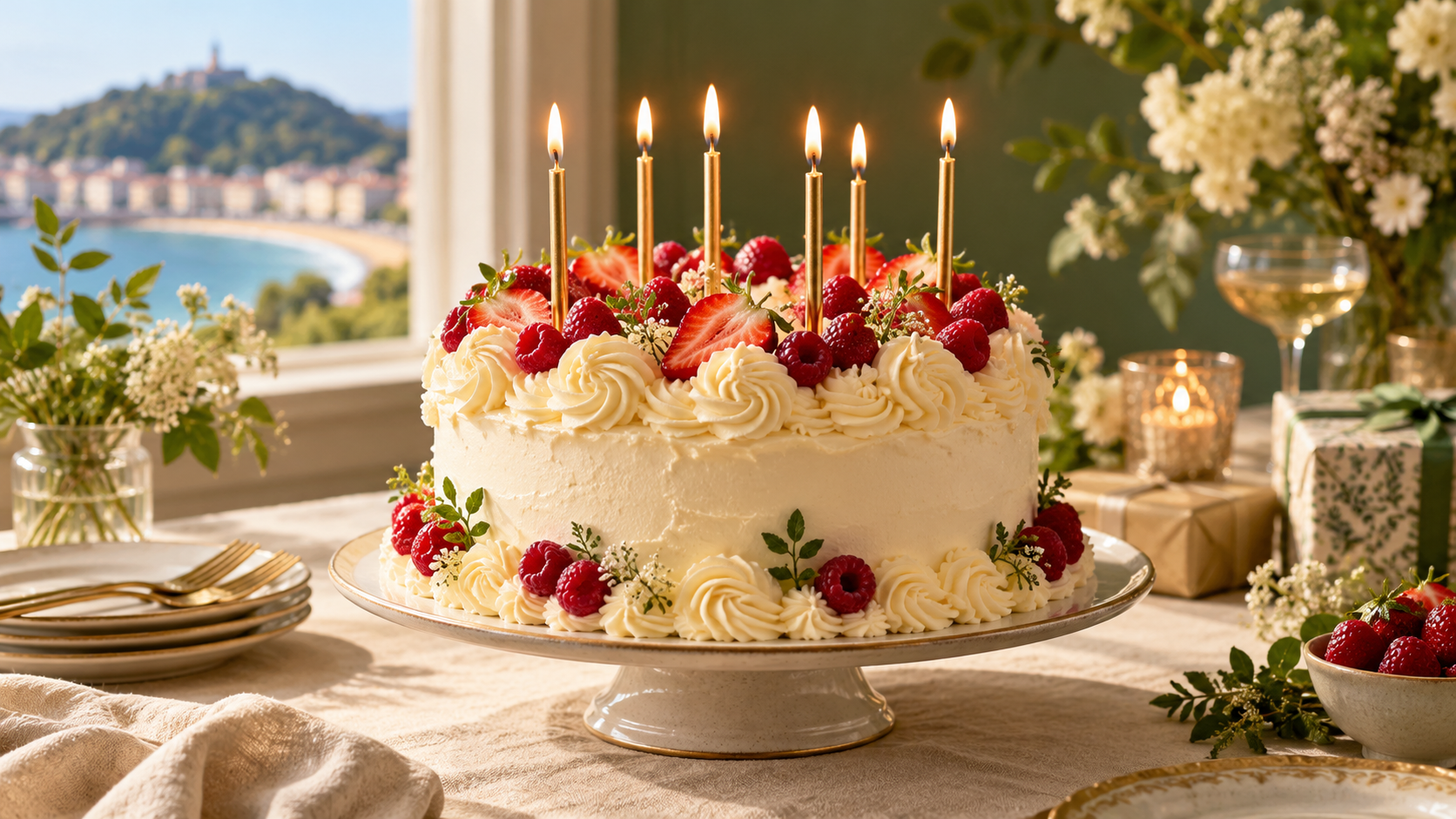 Ilustración de una tarta de cumpleaños con frutos rojos y velas encendidas